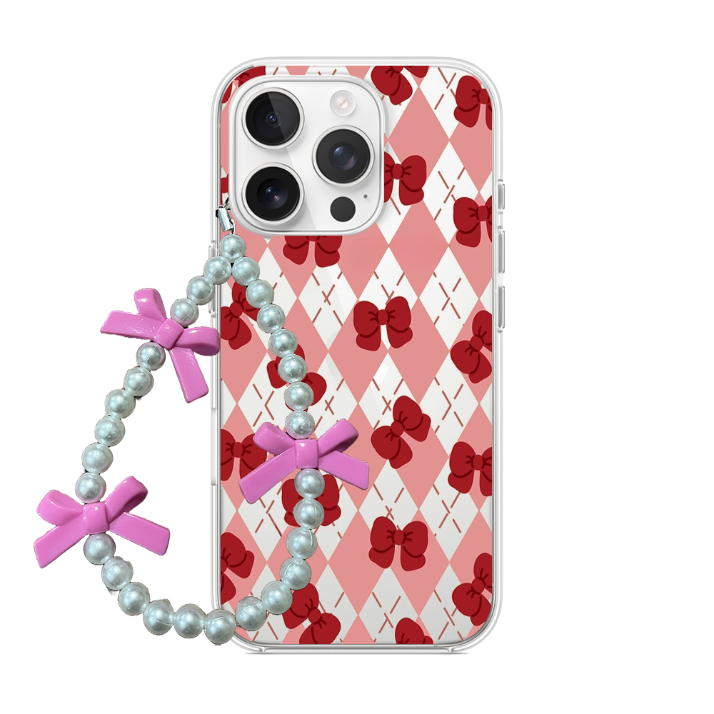 Pink Argyle & Red Bow Clear Phone Case with Beaded Charm